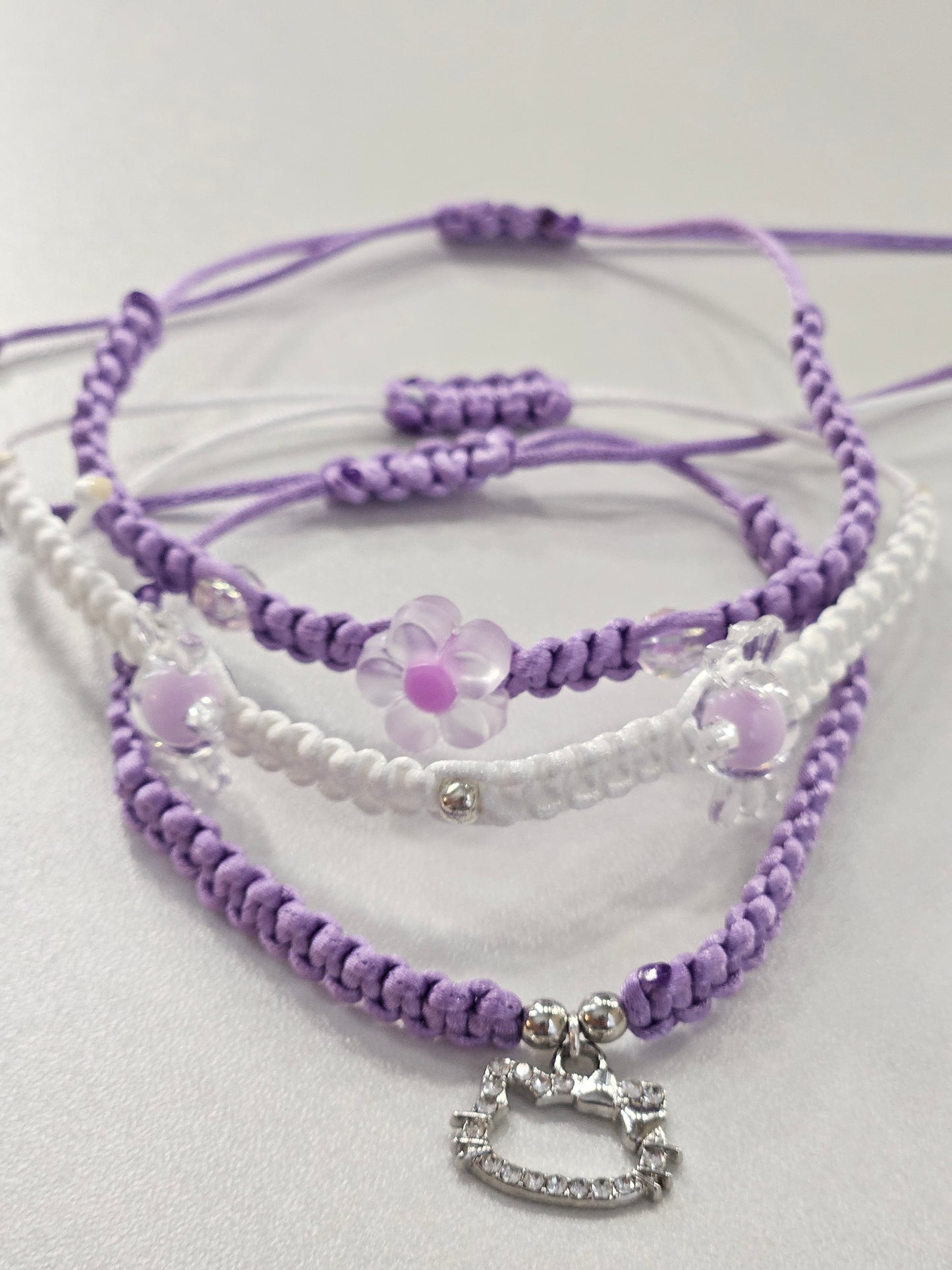 Hello Kitty Handmade Bracelet - Purple and White Flower - Perfect gift for girl, woman, mother, BFF