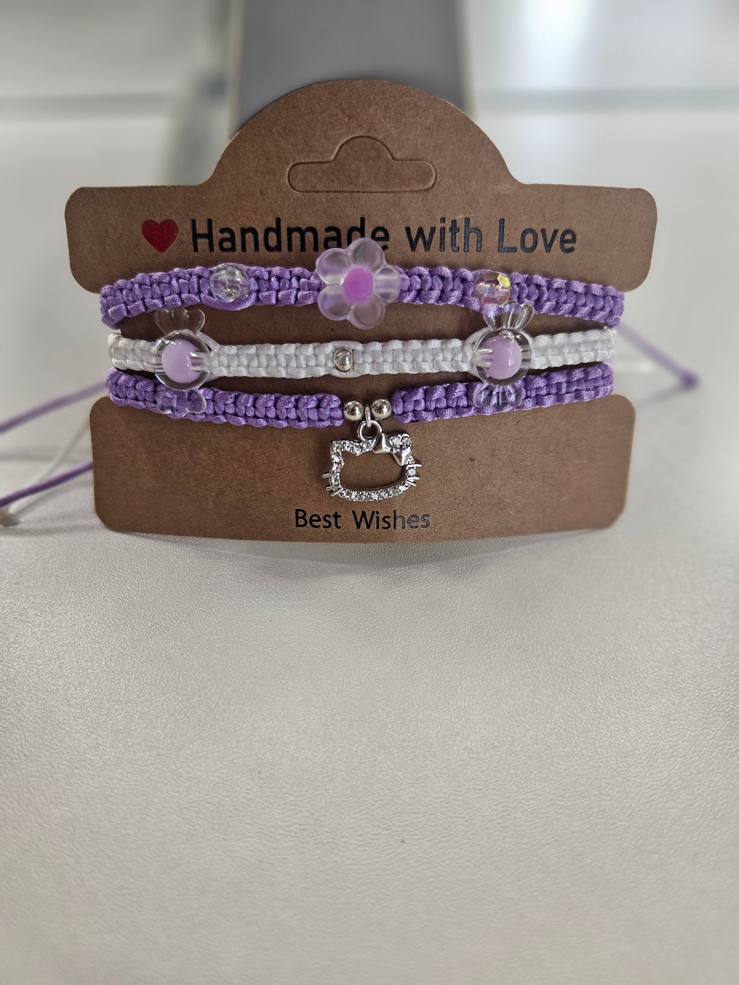 Hello Kitty Handmade Bracelet - Purple and White Flower - Perfect gift for girl, woman, mother, BFF